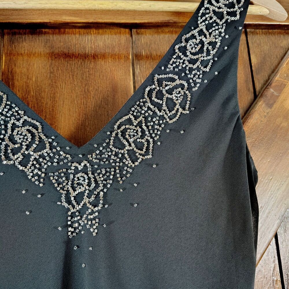 Black Beaded Evening Gown Size 10 Asymmetrical Hem Formal Prom Romantic - Picture 6 of 11